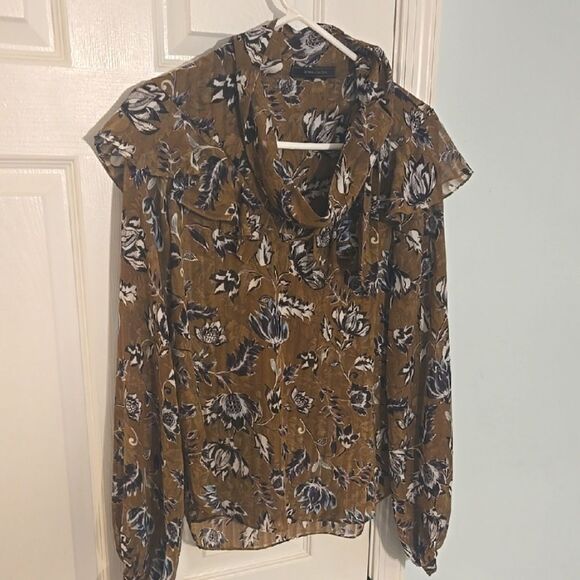 BCBGMaxAzria Brown Long Sleeve Blouse with Ruffled Bib Collar - Picture 1 of 6